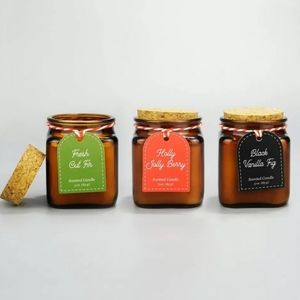 New! 3ct Holiday Christmas Candles Cork Lidded 3oz Amber Jar with Gift Tags